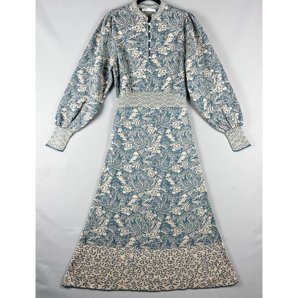 Zara Jacquard Balloon Sleeve Sweater Maxi Dress Medium Blue Paisley Floral